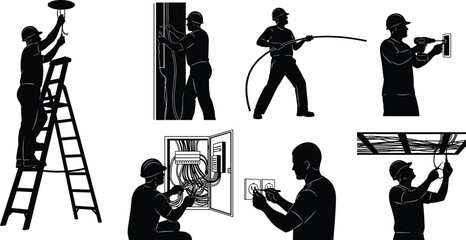Black and white silhouette vector illustration of electricians working with tools, wiring, panels, sockets, ladders, teamwork, safety, repair, and installation process
