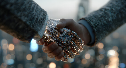 Closeup of two businessmen shaking hands with digital circuit overlay and city skyline background, symbolizing technology and partnership