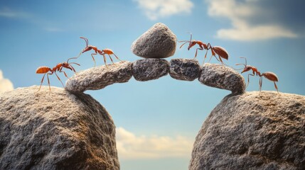 Six ants cooperate to build a stone bridge, blue sky with clouds in background