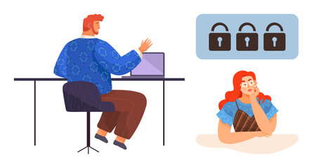 Man working on laptop at desk, woman thinking, and lock graphics highlight data security, cybersecurity, decision-making, problem-solving, online privacy, technology, simple flat metaphor