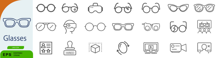 Glasses Icon Set – 24 Line Style Symbols for Eyewear, Vision, and Smart Accessories