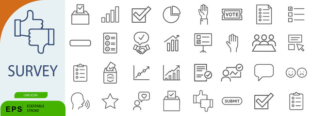 Survey Icon Set – 36 Line Style Symbols for Feedback, Data Analysis, and User Response