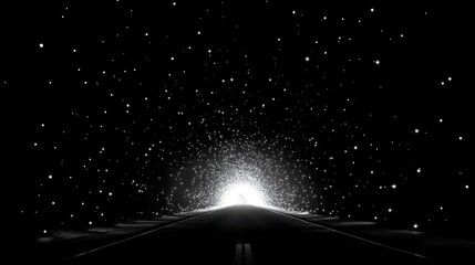 Abstract road leading to light in a dark universe with sparkling particles
