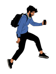 Minimalist vector illustration of a bearded man running while looking at a smartphone, wearing a blue shirt, black pants, and backpack. Clean design with bold outlines on transparent background