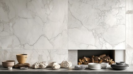 Marble wall with wooden logs in fireplace and bowls on table for interior