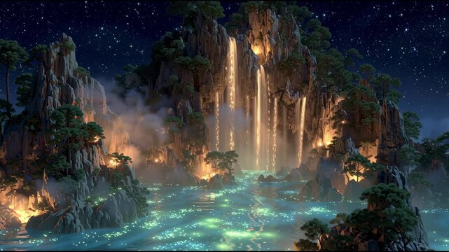 Mystical island glowing at night, illuminated rocks surrounded by tranquil water, serene ambiance perfect for fantasy themes.