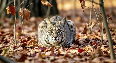  A bobcat hidden among autumn leaves, camouflaged
