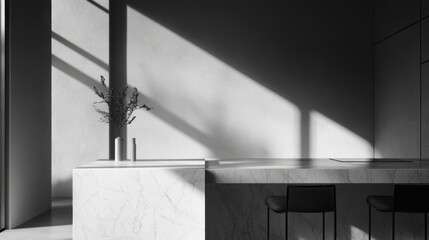 Minimalist kitchen interior with sunlight casting shadows, counter island, and stools