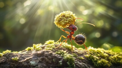 An ant carries a large yellow object on a mossy log, with sunlight background