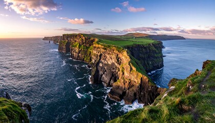 Panoramic view of dramatic coastal cliffs meeting the sea. Lush green fields top the sheer rock face under a partly cloudy sky
