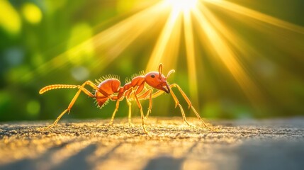 Red ant walks on ground, sun shining through leaves for nature or insect concepts