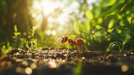 Ant walks on ground, plants in blurred background, closeup view, nature stock photo