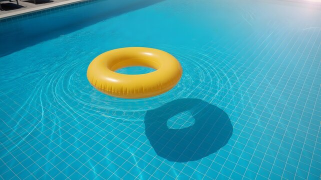 A bright yellow inflatable swim ring floating serenely on the surface of a clear blue swimming pool, casting a distinct shadow on the water, evoking summer fun and relaxation