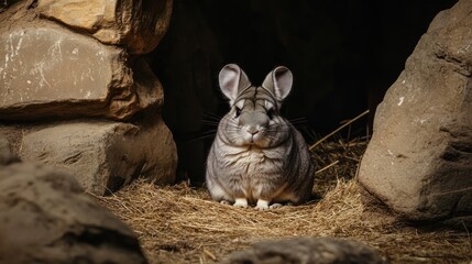 Chinchilla in rock den with hay, looking at viewer. Ideal for animal print