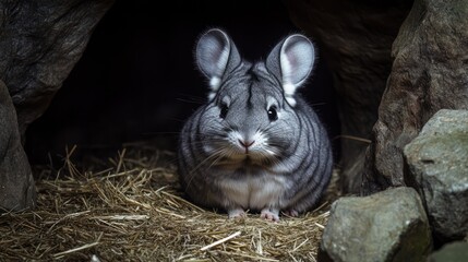 Chinchilla sitting in its den among rocks with straw, photo for stock