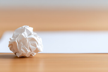 A crumpled paper ball sits beside a blank sheet on a wooden desk, symbolizing frustration, writer's block, creative process, or the iterative nature of problem-solving.