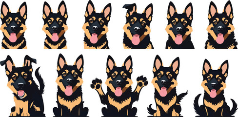 German Shepherd Puppy Vector Set - Black and Tan Sitting Poses - Happy and Cute Canine Faces