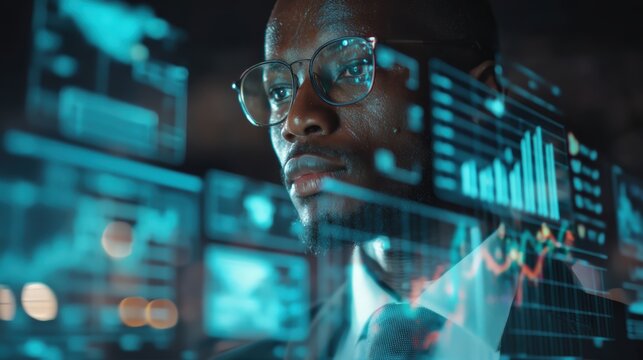 Financial Technology, businessman surrounded by holographic charts and fintech devices, innovation in modern banking.