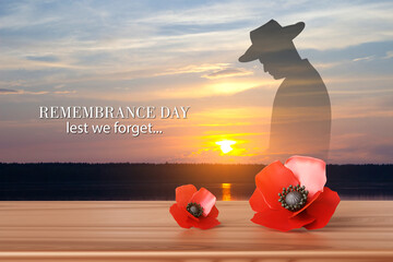 The remembrance poppy - poppy appeal. Poppy flower on wooden desk against the sunset with...