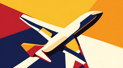 Naklejka premium Dynamic, abstract aviation art featuring an ascending plane. Bold colors and geometric shapes create a modern feel. Celebrating the spirit of flight and adventure.