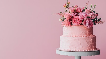 Pink floral wedding cake on stand, pink background, celebration