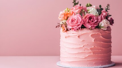 Pink floral cake, celebration, studio, pastel background, dessert photography