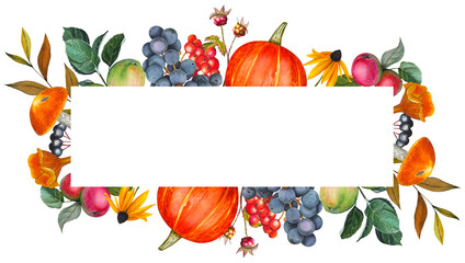 Hand drawn  frame with apples, berries, pumpkins, autumn leaves. Watercolor illustration.