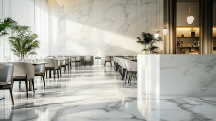 Modern restaurant interior with marble floor, tables, chairs, & plants