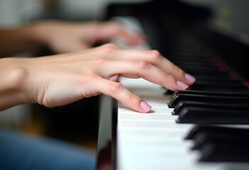 Obraz premium cropped top-down view of female hands playing the piano, concept of piano learning
