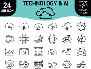 24 Line Icon Set: Technology, Artificial Intelligence (AI), Machine Learning, Cloud Computing, Data Science, and Modern Tech Symbols, Editable Vector Graphics for Digital Innovation