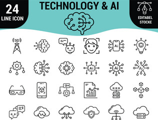 24 Line Icon Set: Technology, Artificial Intelligence (AI), Machine Learning, Cloud Computing, Data Science, and Modern Tech Symbols, Editable Vector Graphics for Digital Innovation