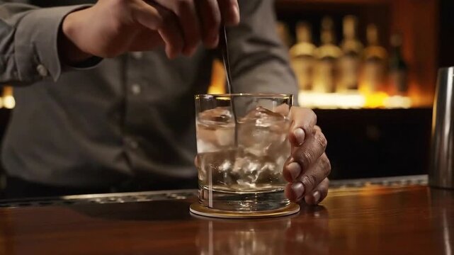 Bartender Mixing Clear Cocktail with Ice in Glass on Wooden Bar with Blurred Bottle Background Stirring with Bar Spoon Close Up Preparation and Service Professional Drink Making