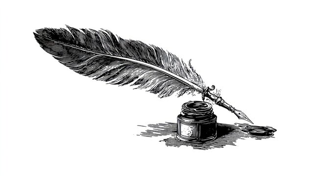 Vintage illustration of a quill pen and inkwell on white background