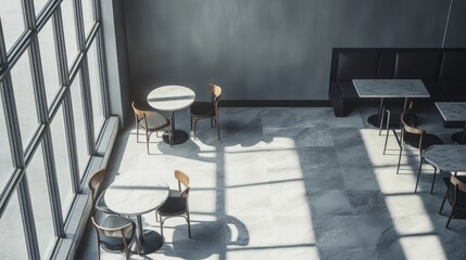 Empty restaurant tables and chairs next to the window, for use as a background