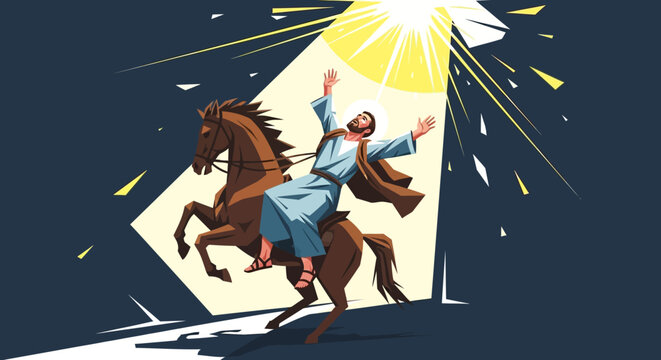 The Conversion of Saul (Paul) on the road to Damascus, falling from his horse as he is struck by a blinding light from heaven, a dramatic vector illustration symbolizing divine intervention, change, a