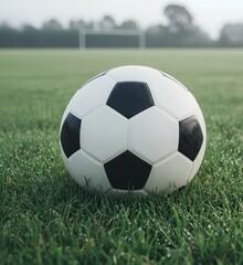Fototapeta premium Close-up of Football on Wet Grass Field
