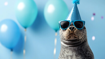Party animal! Seal celebrates in style with a blue party hat and matching sunglasses. Balloons and confetti add to the festive cheer! He's the life of the party, seal of approval guaranteed!