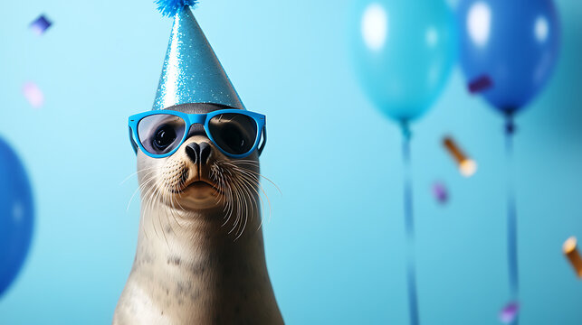 Celebrate with this cute seal wearing blue party hat and sunglasses, surrounded by colorful balloons and confetti against a vibrant blue background. Fun, festive and joyous!