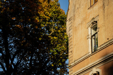 Old residential building with ornate architecture and autumn foliage in warm light showing harmony between heritage facade and seasonal nature in urban environment