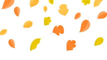 Abstract autumn leaves falling in a pattern of warm orange and yellow hues isolated on transparent background