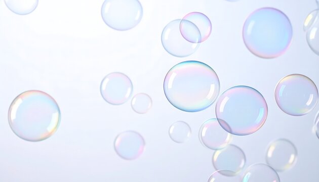 Delicate, iridescent soap bubbles float gracefully against a soft, bright background, creating a serene and ethereal abstract scene