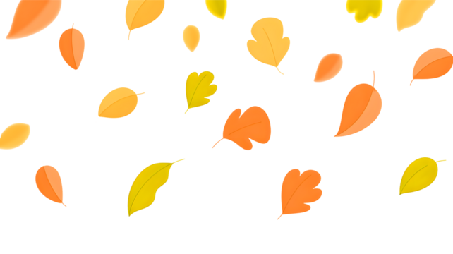 Abstract autumn leaves falling in a pattern of warm orange and yellow hues isolated on transparent background