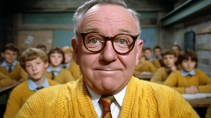 In a bright classroom, a cheerful teacher in a yellow sweater smiles warmly at his students. The attentive children, all wearing similar attire, look eager to learn
