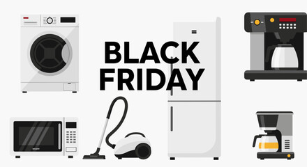 Black Friday sale banner featuring major household appliances illustration