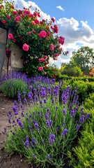 Serene garden scene features vibrant lavender and climbing roses against a backdrop of greenery and a partly cloudy sky