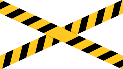 Diagonal hazard warning tape with black and yellow stripes forming an x shape isolated on transparent background