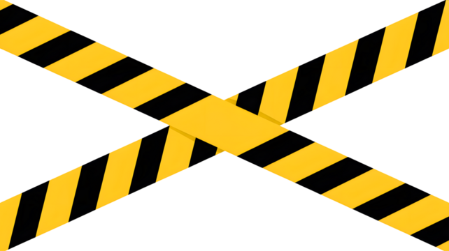 Diagonal hazard warning tape with black and yellow stripes forming an x shape isolated on transparent background