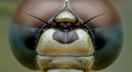 Extreme close-up of a dragonfly's compound eye and face, showcasing intricate detail and texture.