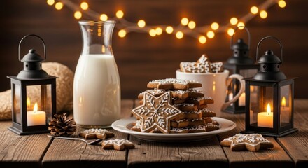 Festive gingerbread cookies and milk with holiday lights on a rustic wood table