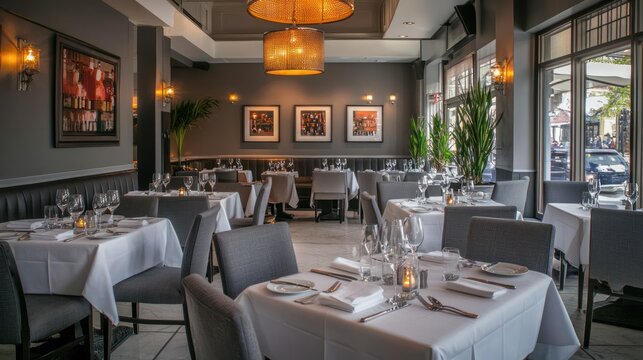 Interior dining room with tables set, empty chairs, lamps, decor, waiting for diners